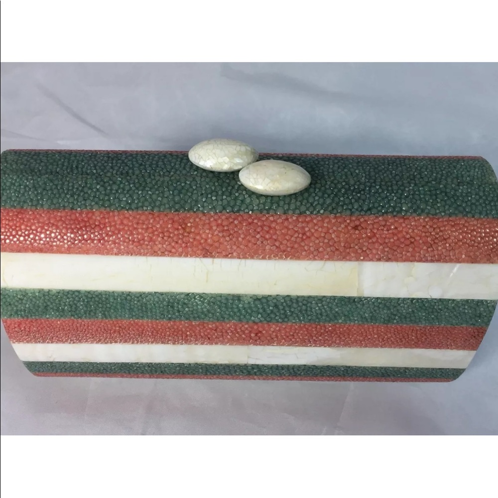 New Handmade Minaudière Clutch Bag Shagreen Inlaid Mother Of Pearl Stripe Green